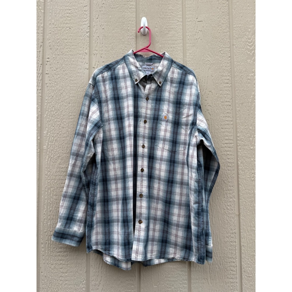 Carhartt XL Plaid Button Down Shirt Rugged Cotton Relaxed Fit Blue